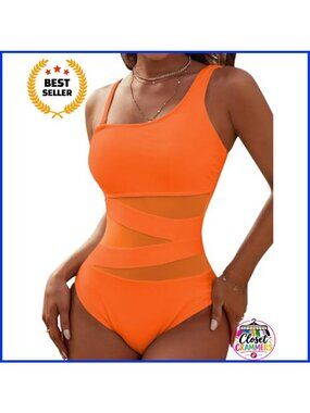 One Piece One Shoulder Swimsuit Mesh Cutout Cheeky Bathing Suit Backless